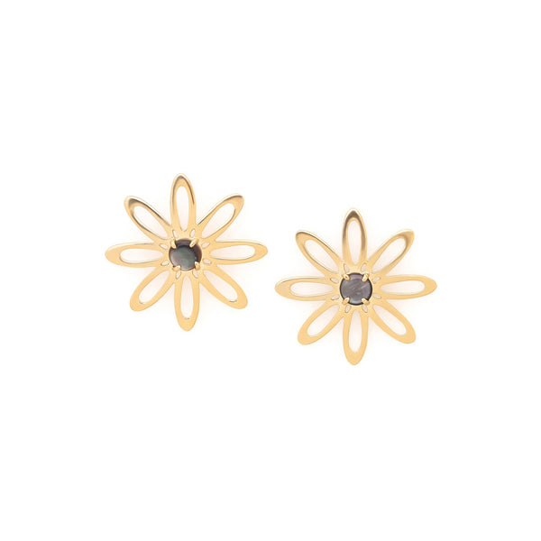 ORI TAO BLOOM golden flower post earrings with black lip cab